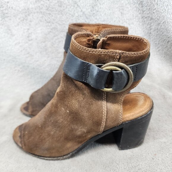 Frye Shoes Womens Size 7 Danica Brown Suede Harness Open Toe Boots *Read* - Picture 1 of 14